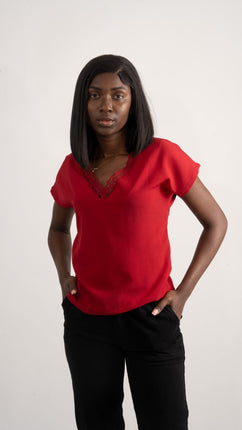 Blouse Chic Rouge avec Dentelle Délicate