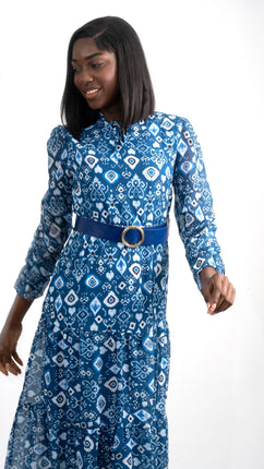 Robe Midi Imprimée Bleue avec Ceinture