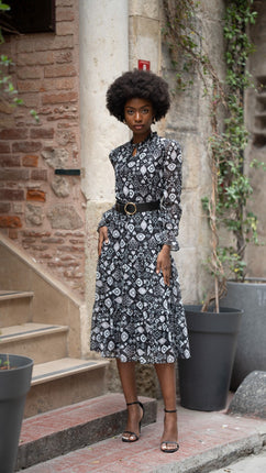 Robe Midi Imprimée avec Ceinture Noire