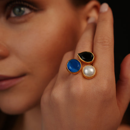 Bague "Crystal Cascade" Perle-Bleu-Noir