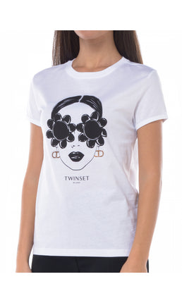 T-shirt Blanc à Imprimé Portrait de Femme