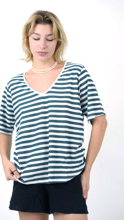 T-shirt Classique à Rayures Vert foncé et Blanc