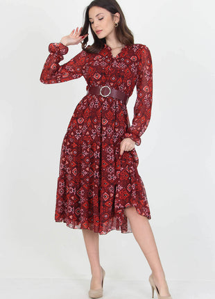 Robe Midi Imprimée Rouge avec Ceinture