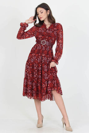 Robe Midi Imprimée Rouge avec Ceinture