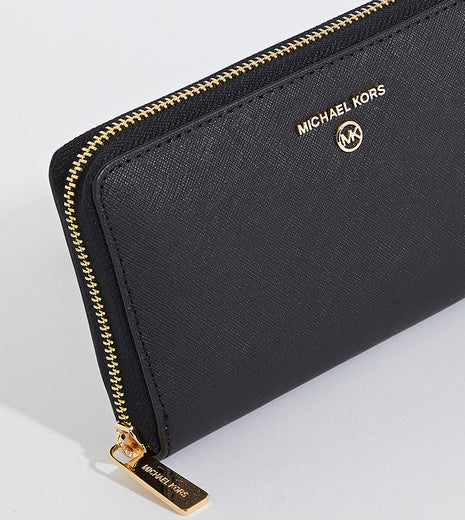 Portefeuille en cuir noir Michael Kors avec fermeture éclair dorée