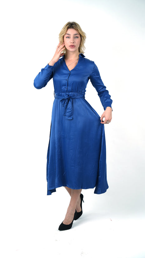 Robe Chemisier Midi Bleue avec Ceinture