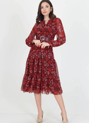 Robe Midi Imprimée Rouge avec Ceinture