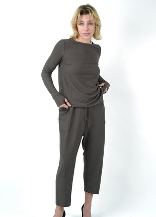 Pantalon Texturé Taupe à Taille Nouée