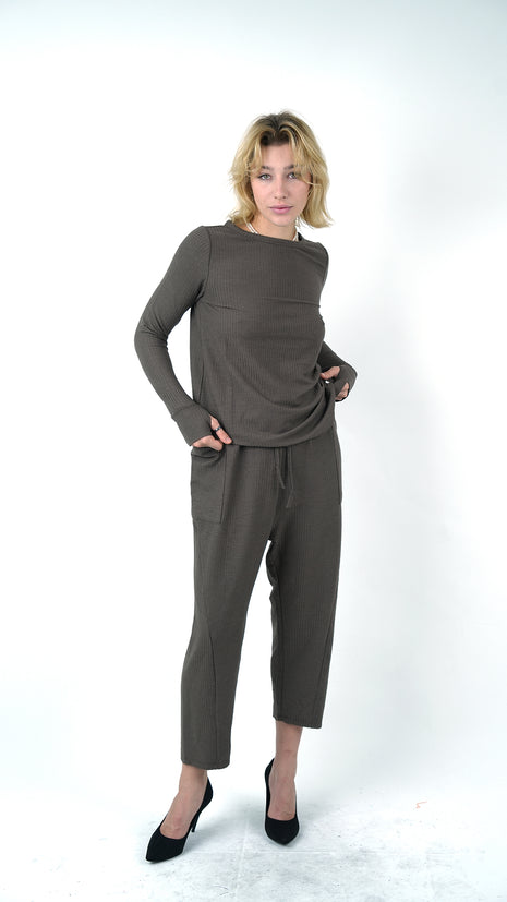 Pantalon Texturé Taupe à Taille Nouée