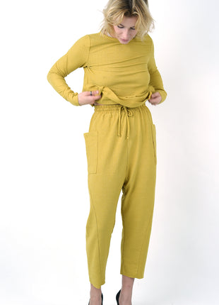 Pantalon Texturé Jaune Moutarde à Taille Nouée