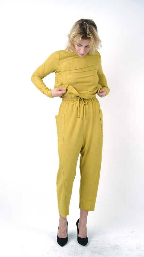 Pantalon Texturé Jaune Moutarde à Taille Nouée