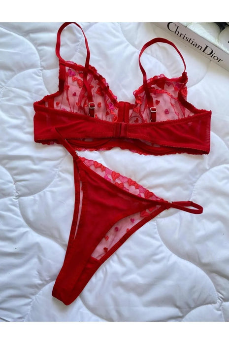 Ensemble Lingerie Rouge Brodé de Cœurs