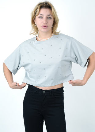 T-shirt Cropped Gris Clair Perlé