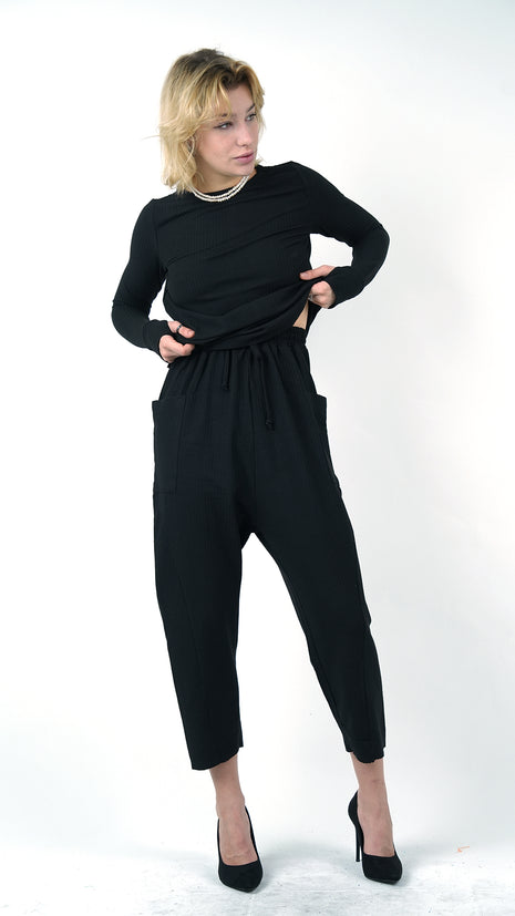 Pantalon Texturé Noir à Taille Nouée