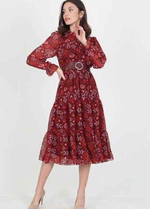 Robe Midi Imprimée Rouge avec Ceinture