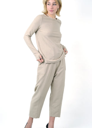 Pantalon Texturé Beige à Taille Nouée