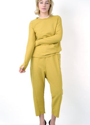 Pantalon Texturé Jaune Moutarde à Taille Nouée