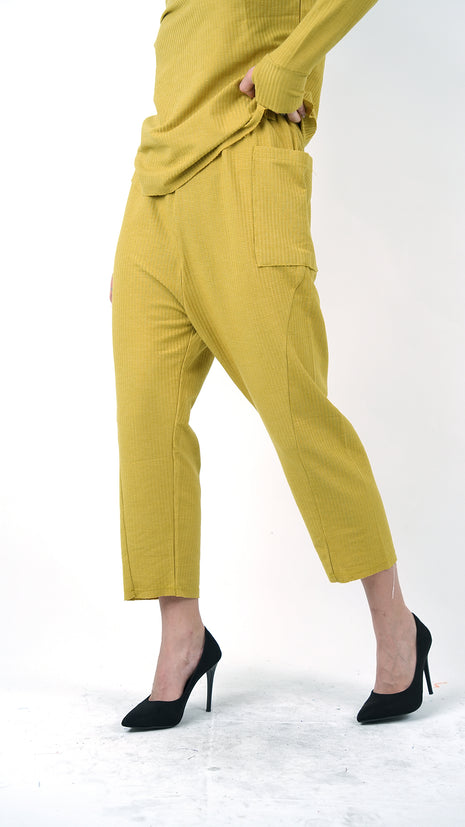 Pantalon Texturé Jaune Moutarde à Taille Nouée