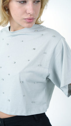 T-shirt Cropped Gris Clair Perlé