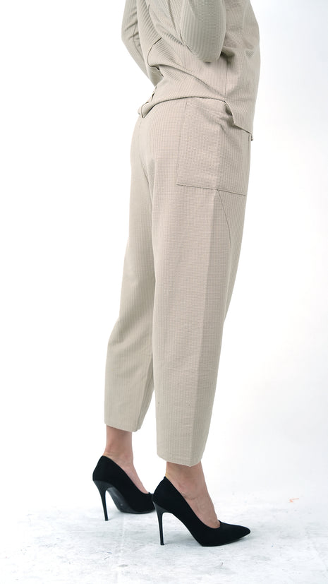 Pantalon Texturé Beige à Taille Nouée