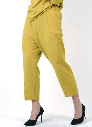 Pantalon Texturé Jaune Moutarde à Taille Nouée