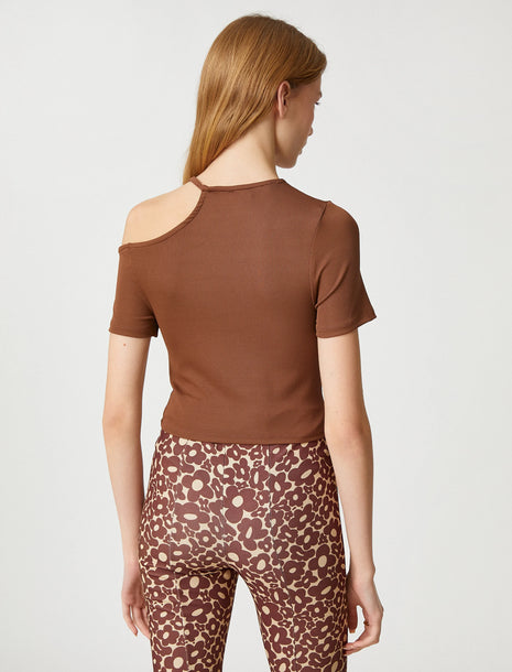 Crop Top Marron à Manches Courtes Asymétriques