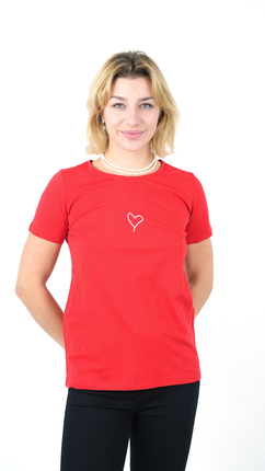 T-Shirt Coton Rouge avec Motif Cœur