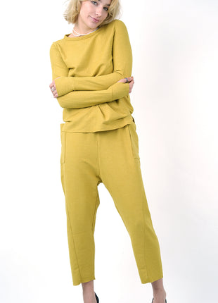 Pantalon Texturé Jaune Moutarde à Taille Nouée