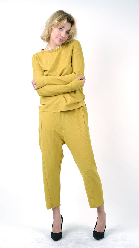 Pantalon Texturé Jaune Moutarde à Taille Nouée