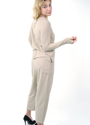 Pantalon Texturé Beige à Taille Nouée