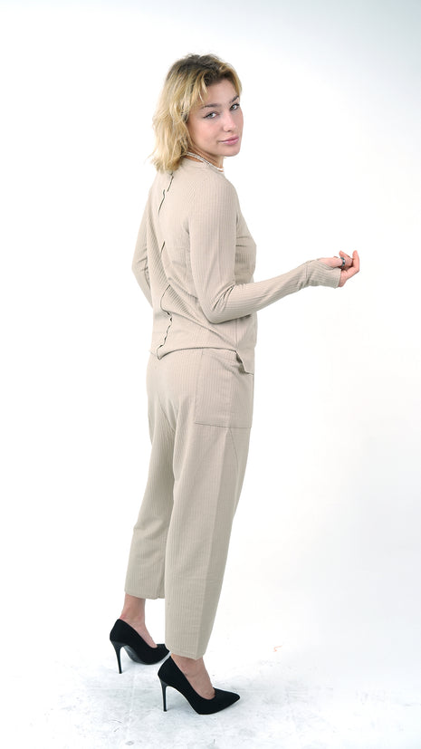 Pantalon Texturé Beige à Taille Nouée