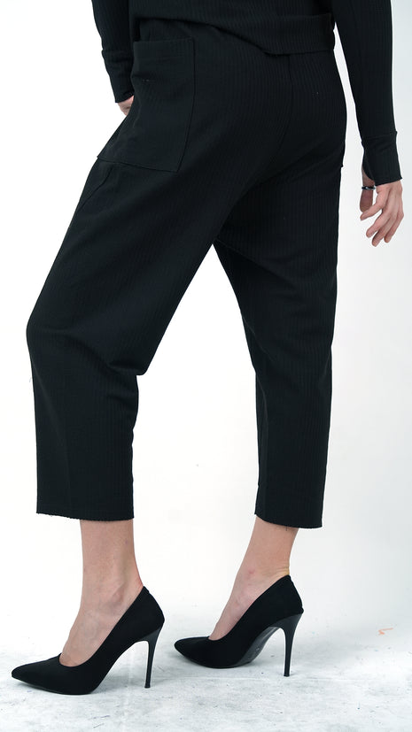 Pantalon Texturé Noir à Taille Nouée