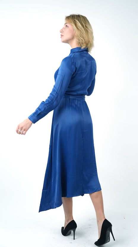 Robe Chemisier Midi Bleue avec Ceinture