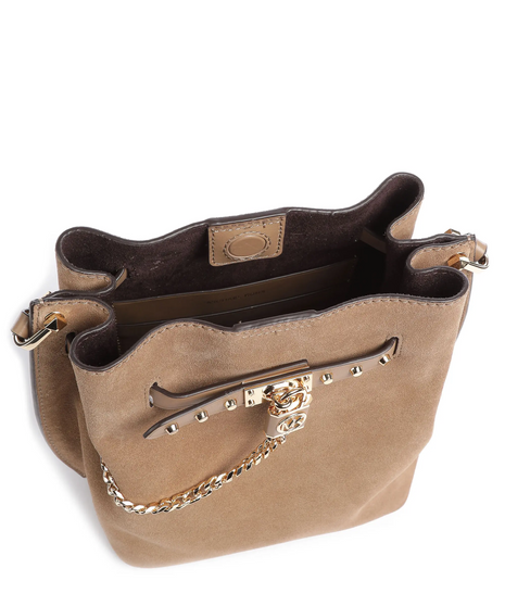 Sac seau en daim et cuir taupe