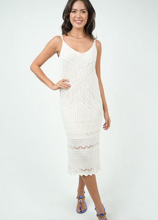 Robe Midi Crochetée-Blanche