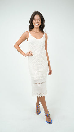 Robe Midi Crochetée-Blanche