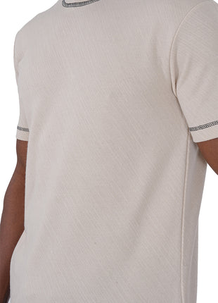 T-Shirt en Relief Crème avec Bordure Contrastante