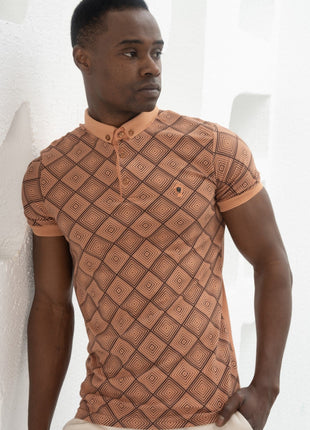 Polo Shirt Marron à Motifs Géométriques