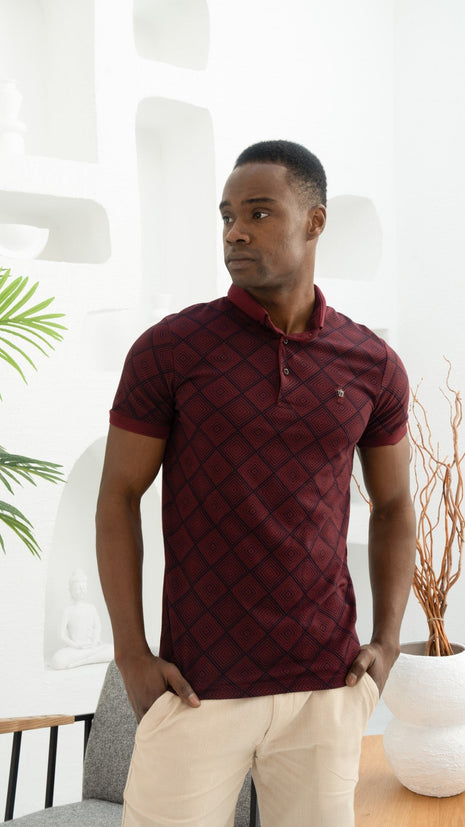 Polo Shirt Rouge à Motifs Géométriques