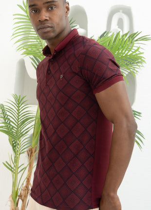 Polo Shirt Rouge à Motifs Géométriques