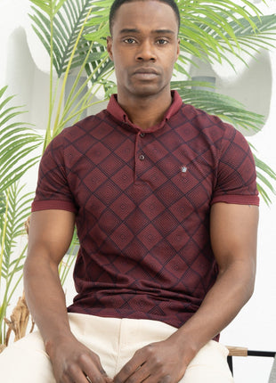 Polo Shirt Rouge à Motifs Géométriques