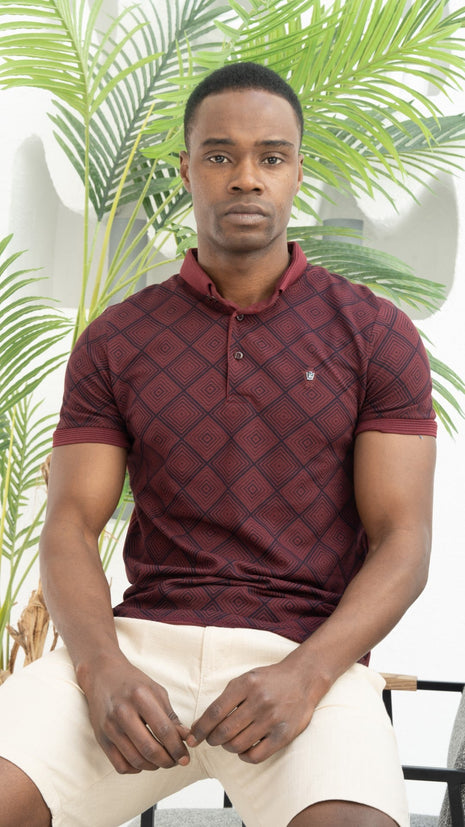 Polo Shirt Rouge à Motifs Géométriques