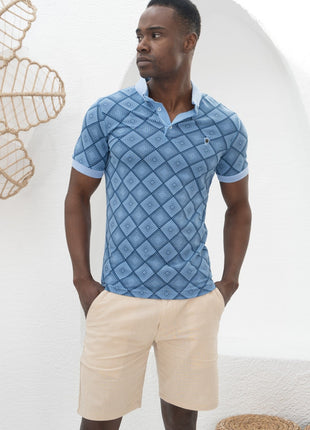 Polo Shirt Bleu à Motifs Géométriques