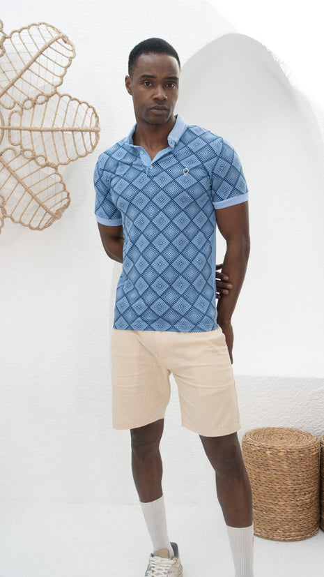 Polo Shirt Bleu à Motifs Géométriques