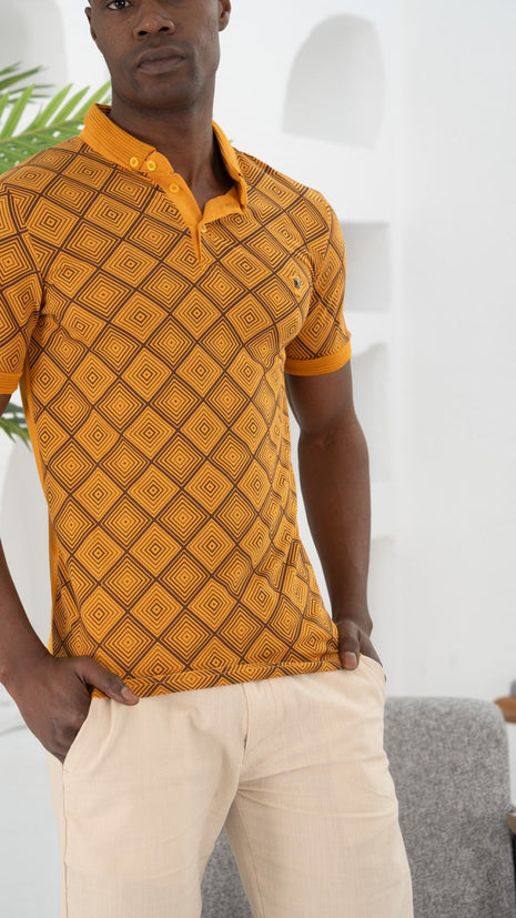 Chemise Polo Orange à Motifs Géométriques