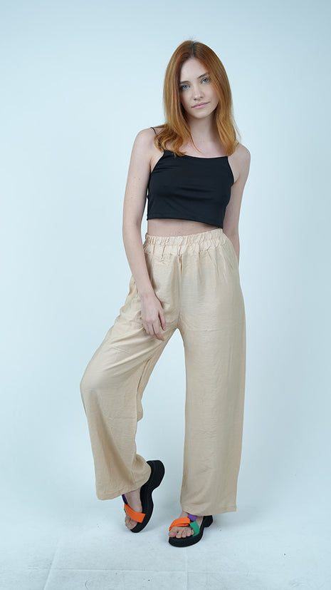 Pantalon Palazzo Fluide en Lin - Beige