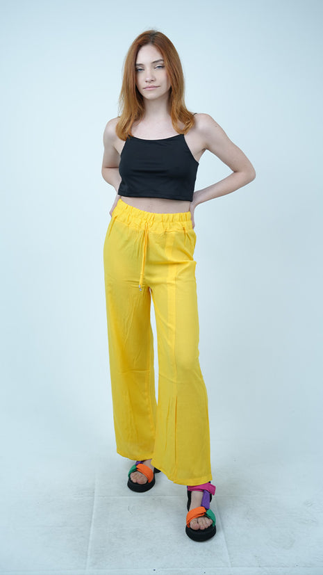 Pantalon Fluide à Taille Haute Jaune Éclatant