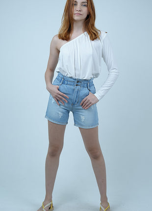 Short en Jean Délavé à Taille Haute