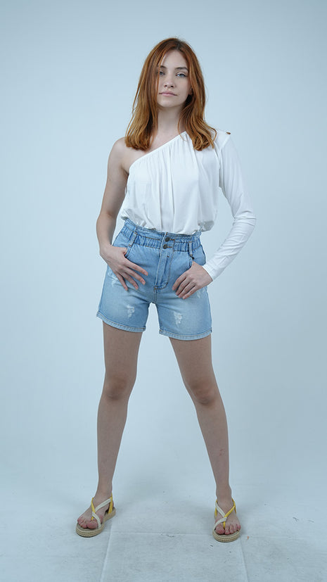 Short en Jean Délavé à Taille Haute