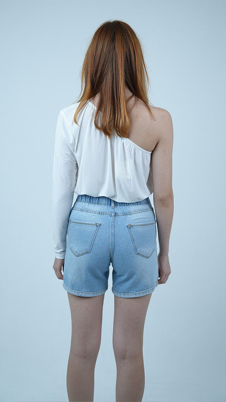 Short en Jean Délavé à Taille Haute